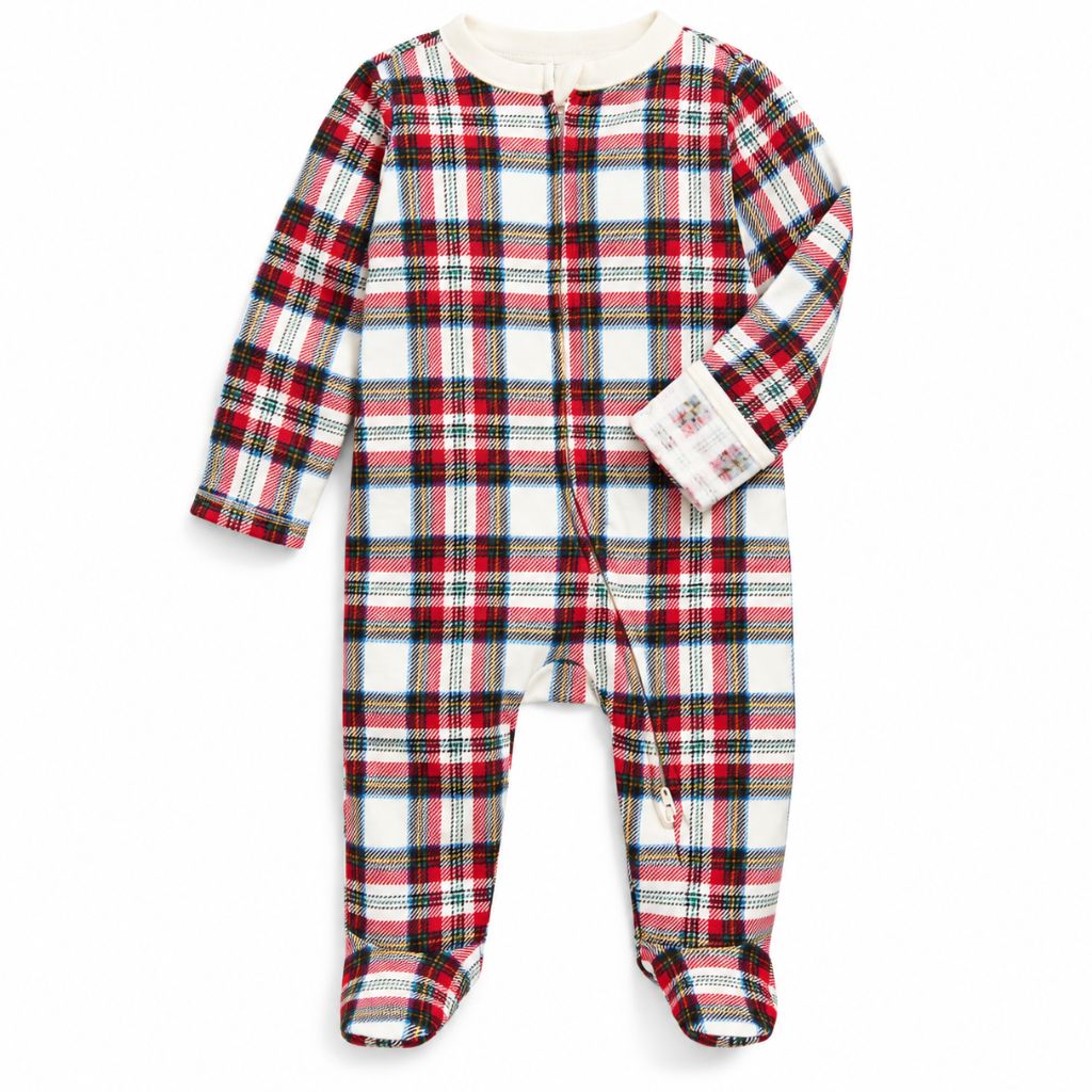 Grenouillère à pieds bébé tartan blanc rouge et marine pour Noël