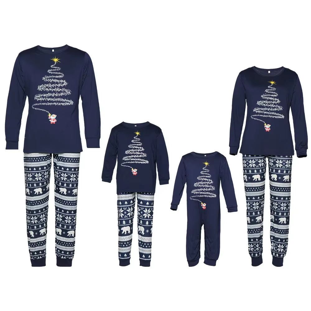 Ensemble pyjama Noël famille sapin bleu marine : adultes, enfant et grenouillère bébé