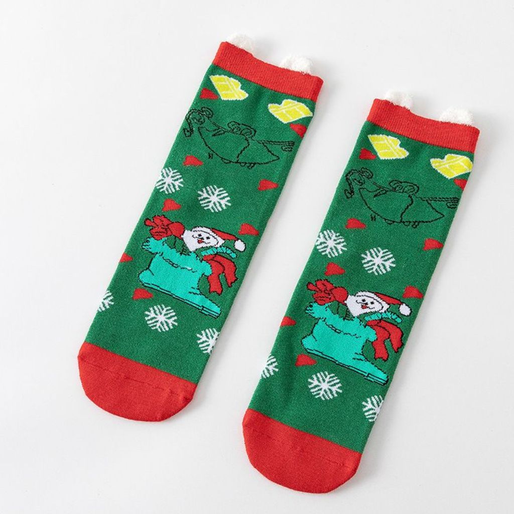 Chaussettes de Noël Sapinette, vertes avec cadeaux et flocons