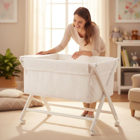 Détail de la literie douce du berceau bébé en hêtre avec motif parachute