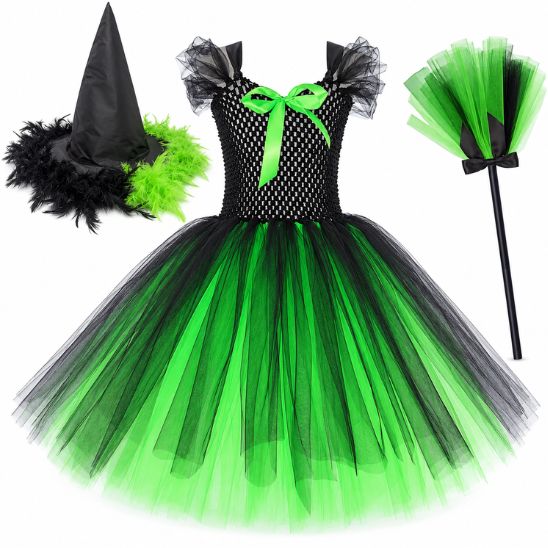 Costume sorcière complet : robe tutu vert et noir à nœud vert, chapeau pointu bordé de plumes et balai en tulle