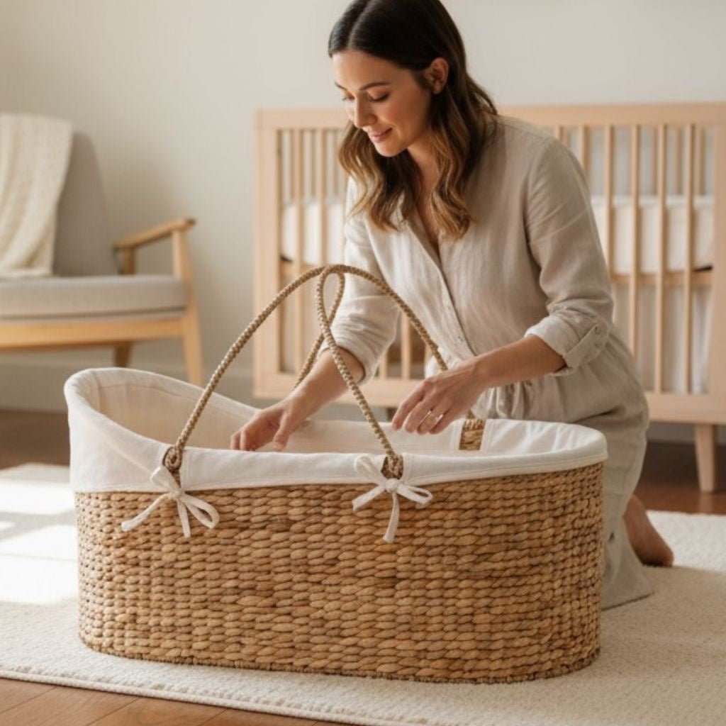 Couffin bébé en osier avec anses croisées, détail des nœuds décoratifs.