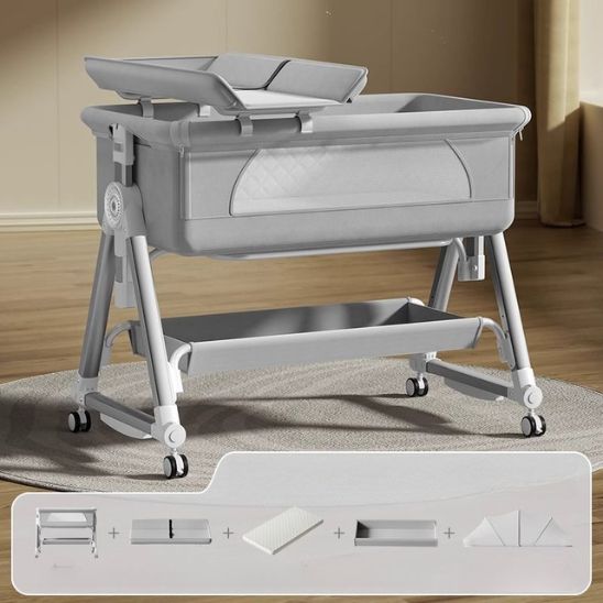 Berceau bébé gris pliable à roulettes avec rangement compact