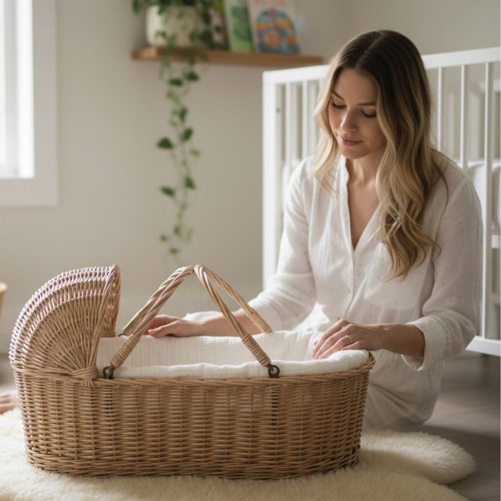 Couffin bébé en osier, détail de la doublure crème et de la bordure.