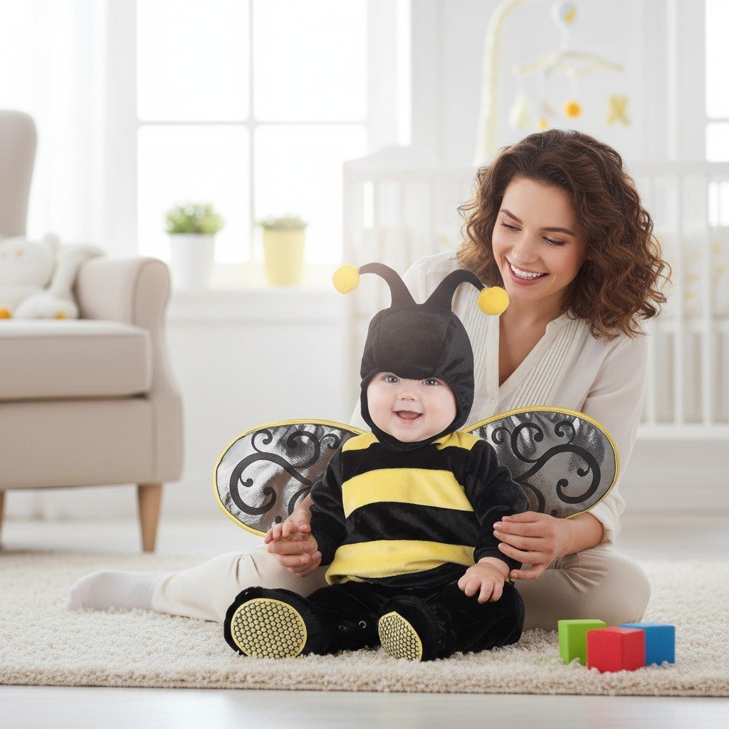 Bonnet abeille bébé avec antennes pompons jaunes, détail du tissu velours doux – Spot Bébé"