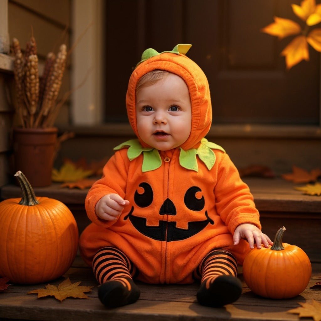 Deguisement citrouille bebe assis avec citrouilles d’Halloween autour