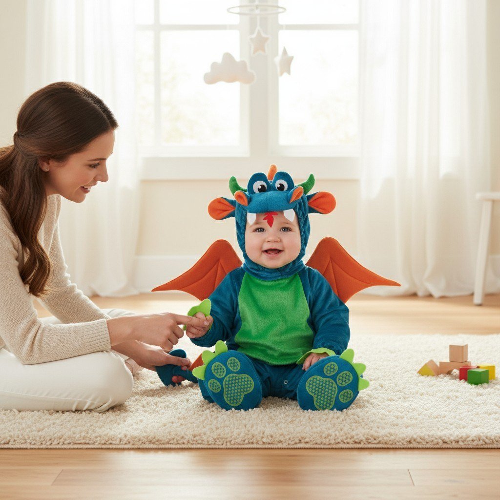 Maman et bébé déguisé en dragon jouent ensemble sur un tapis beige dans une chambre d’enfant scandinave – Spot Bébé"