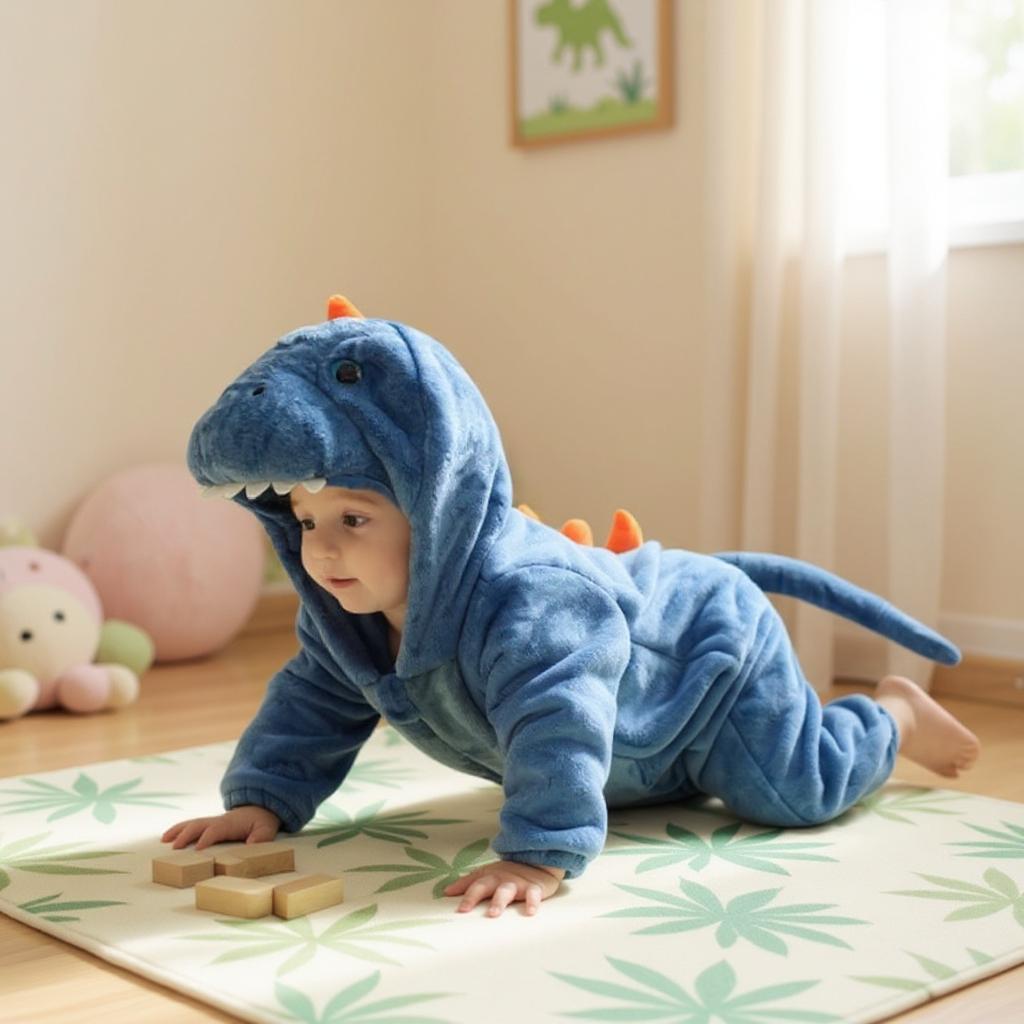 Déguisement enfant dinosaure bleu bébé assis sur tapis moelleux