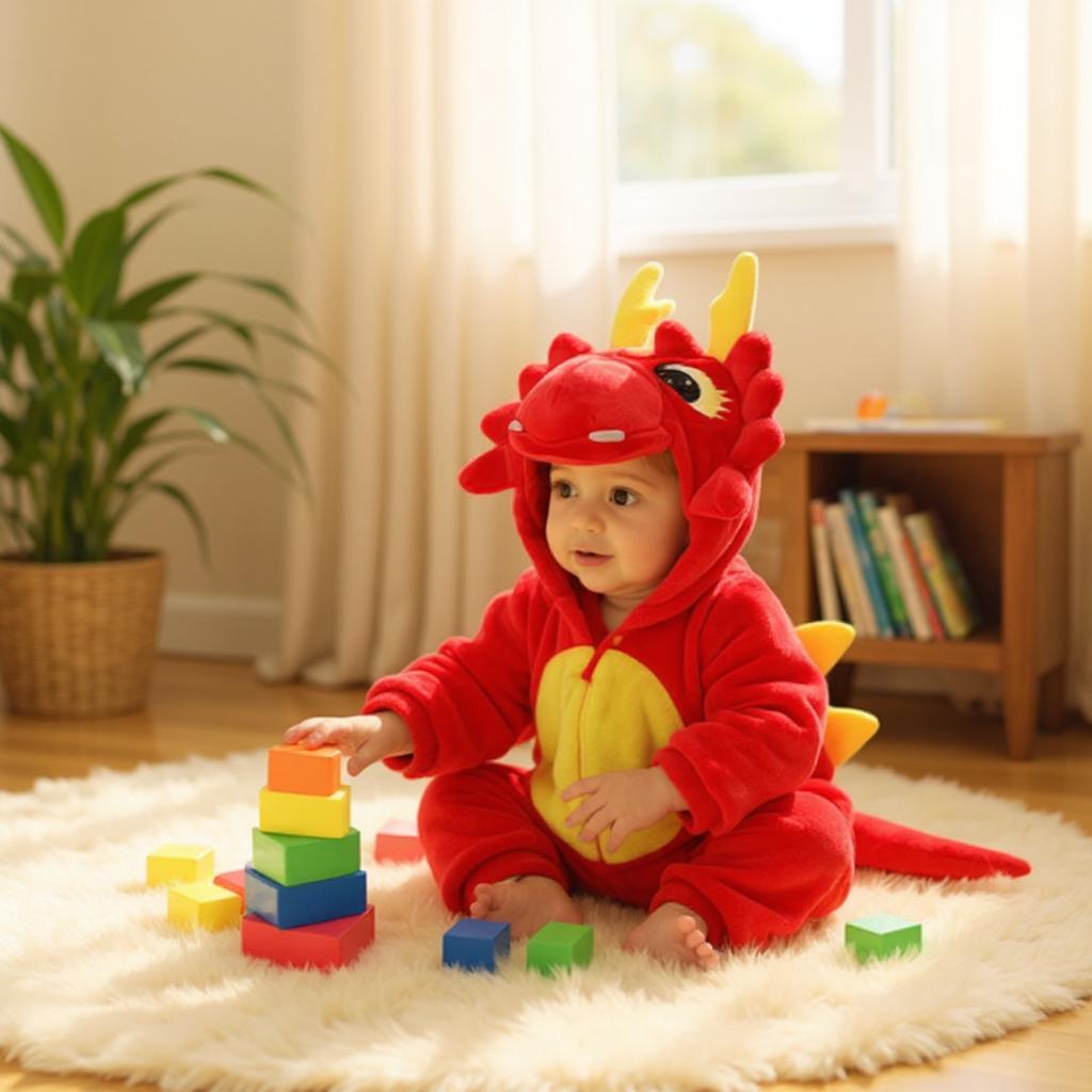 Déguisement enfant dragon rouge bébé assis tapis blanc et jouets