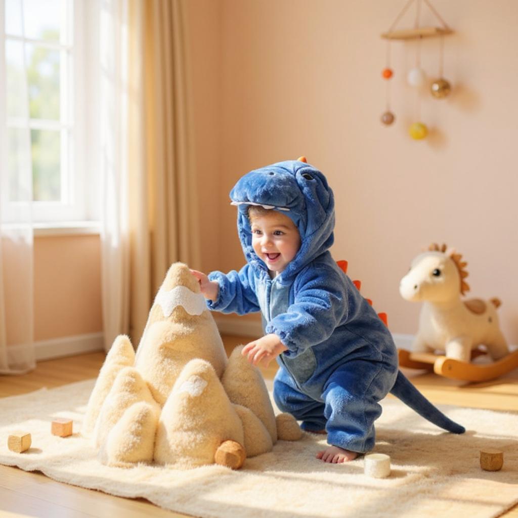 Déguisement enfant dinosaure bleu bébé jouant sur tapis clair