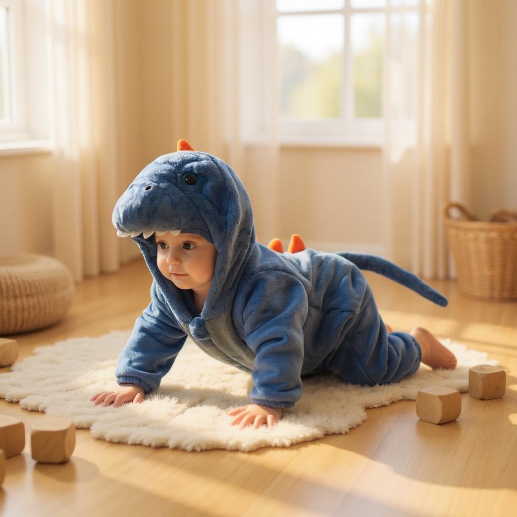 Déguisement enfant dinosaure bleu bébé assis entouré de livres