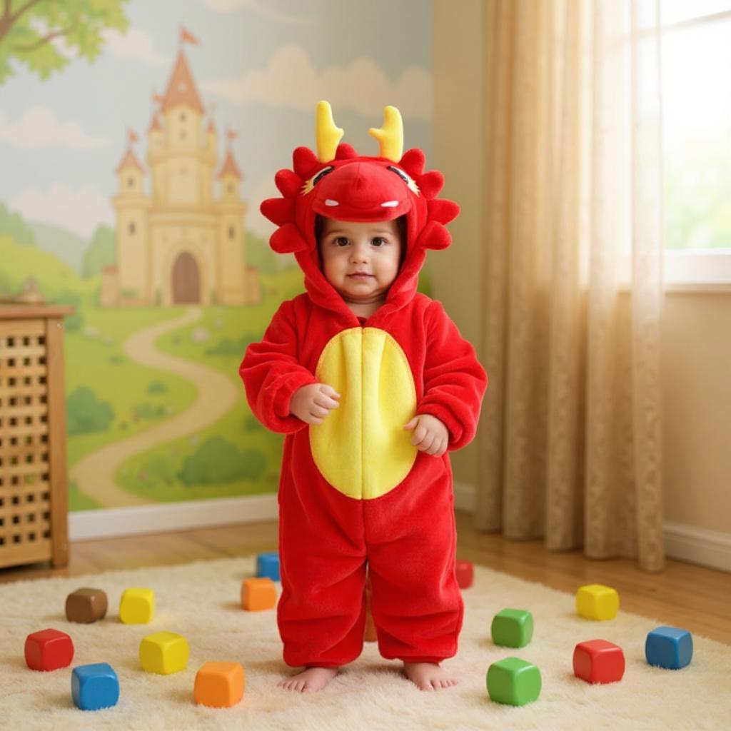 Déguisement enfant dragon rouge bébé debout jouant avec cubes colorés