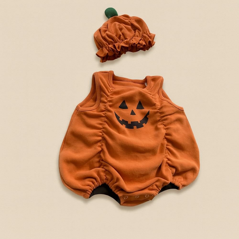 Deguisement halloween pour bébé citrouille avec bonnet assorti vert et orange.