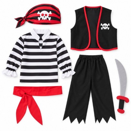 Déguisement pirate enfant en 6 pièces : bandana, marinière, gilet, ceinture, pantalon et sabre