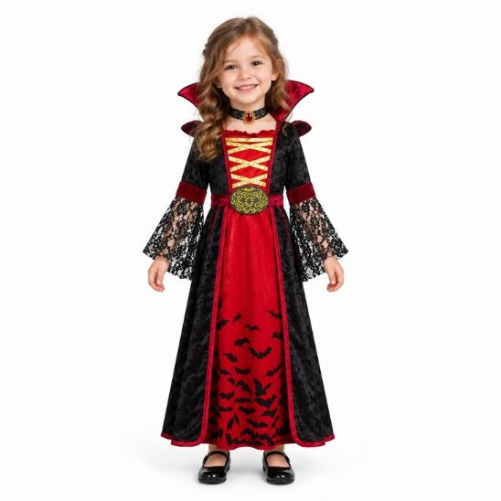 Petite fille de 3 ans en déguisement vampire, robe en velours et manches en dentelle