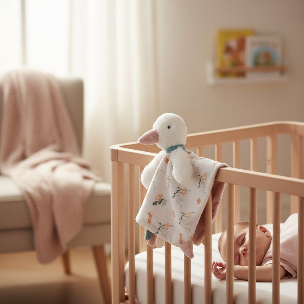 Doudou apaisant placé dans un lit bébé, ambiance nuit sereine – Spot Bébé