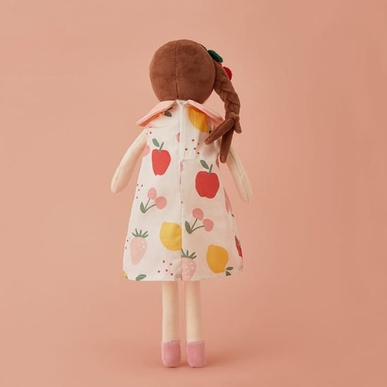 Poupée doudou bébé avec robe imprimée de fruits colorés