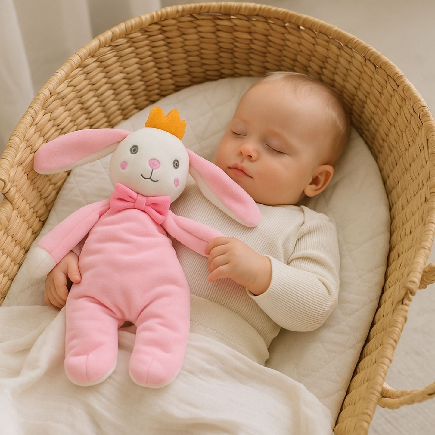 Doudou bébé lapin rose en peluche douce pour le sommeil