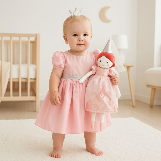 Doudou bébé princesse féerique posé sur table à langer