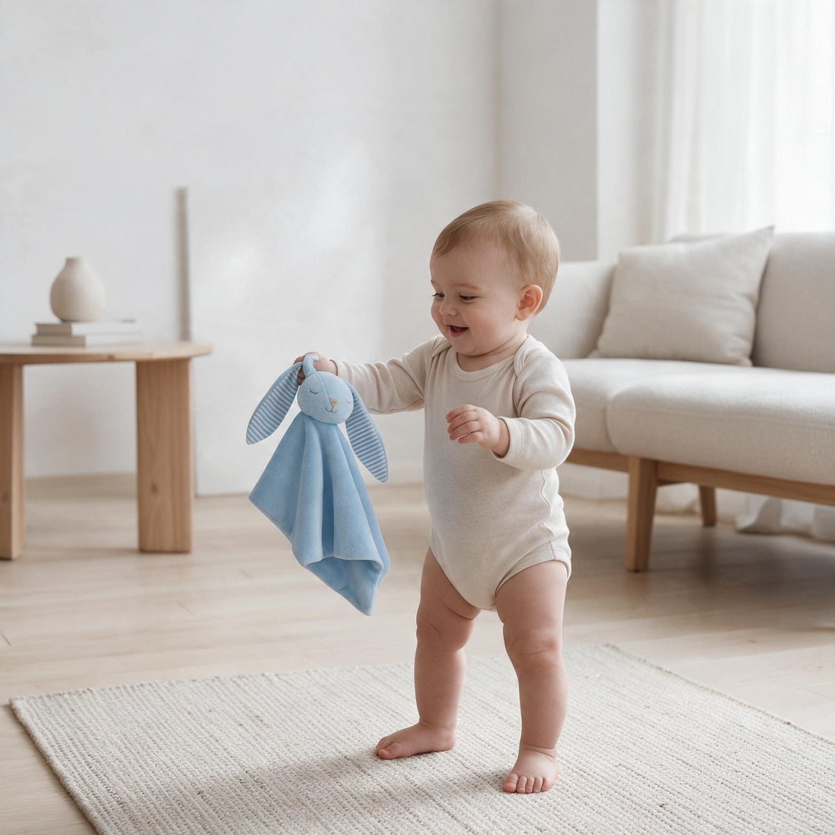 Bébé qui fait ses premiers pas avec son doudou lapin bleu à la main