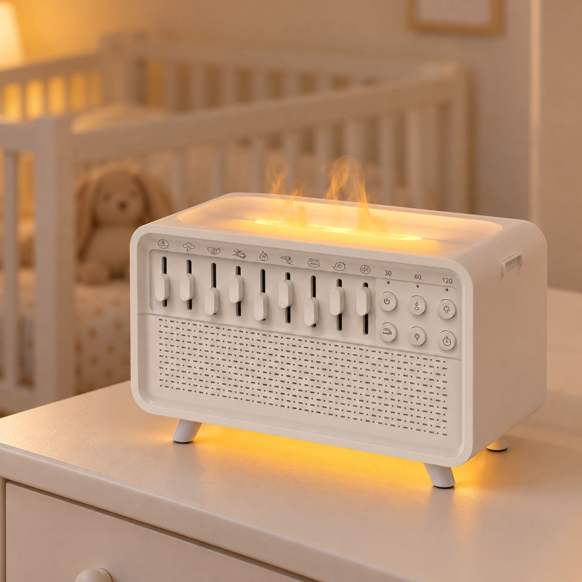 Machine bruit blanc humidificateur sur une commode dans la chambre de bébé le soir