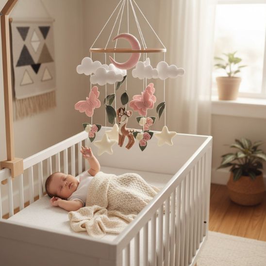 Bébé allongé dans son berceau blanc qui regarde le mobile bébé bois fait main papillons roses faon et étoiles chambre lumineuse