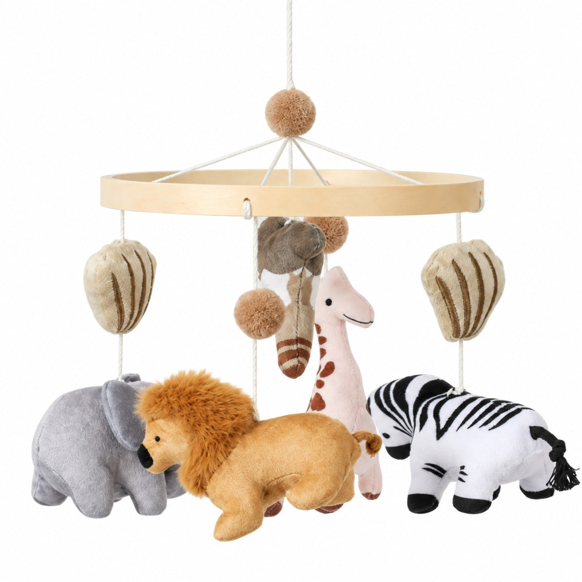 mobile bébé girafe Baobab Brindille sur fond blanc avec éléphant, lion, girafe, zèbre et feuilles en peluche
