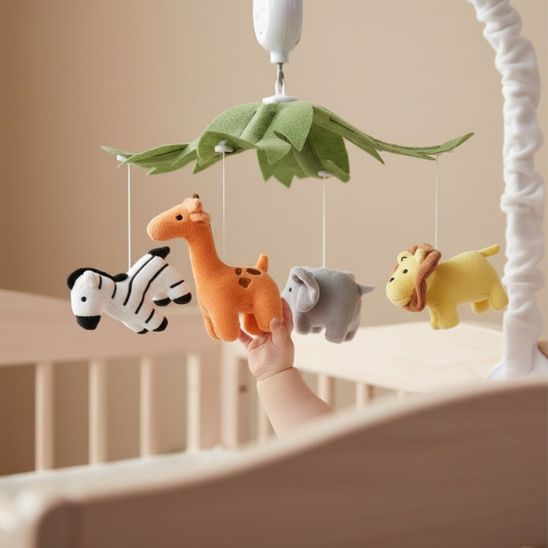 Mobile musical bébé garçon savane bébé qui touche les animaux velours berceau bois naturel