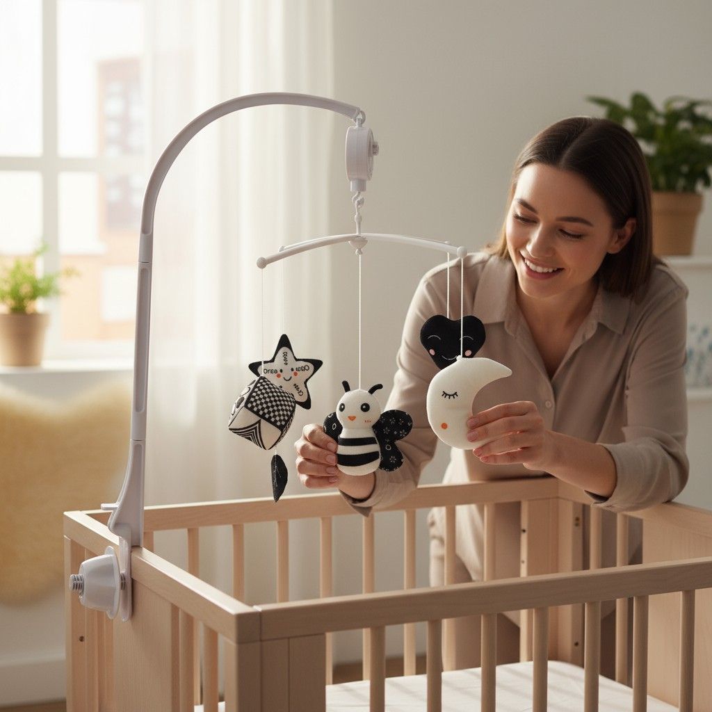 Mobile musical noir blanc pour éveil sensoriel du nouveau-né