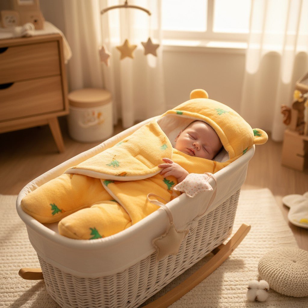Nid d’ange bébé jaune doux câlin dans couffin en osier, lumière naturelle – Spot Bébé