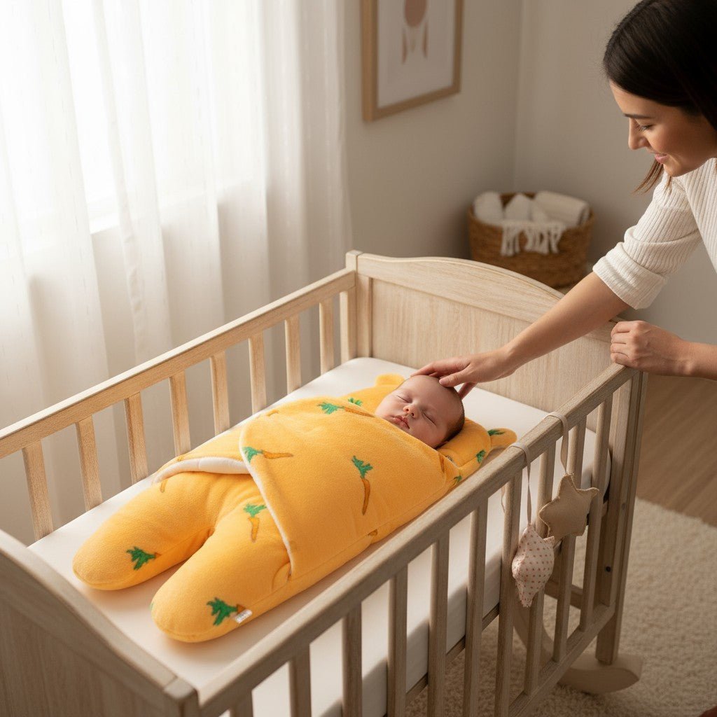 Nid d’ange bébé jaune doux câlin, maman caresse bébé dans son berceau – Spot Bébé
