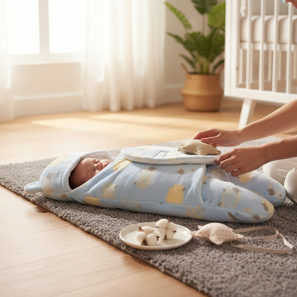Bébé paisible dans nid d’ange bleu doux câlin, allongé sur un tapis moelleux – Spot Bébé