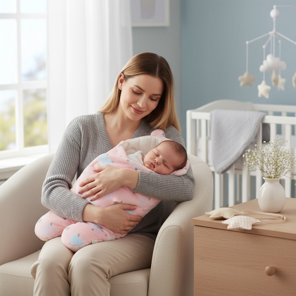 Maman souriante tenant son bébé dans nid d’ange rose doux câlin – Spot Bébé
