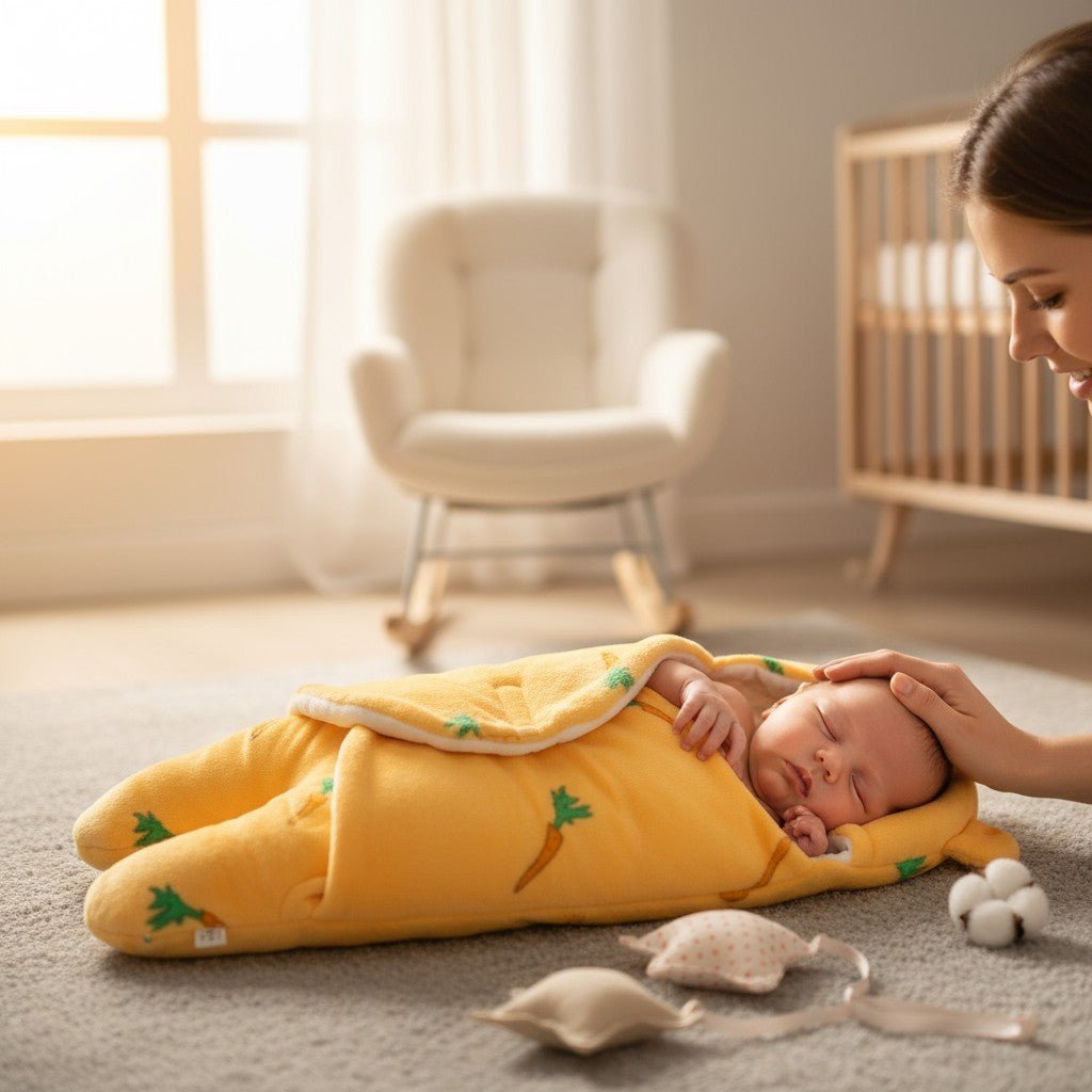 Nid d’ange bébé jaune doux câlin, bébé sur tapis de jeu avec doudou – Spot Bébé