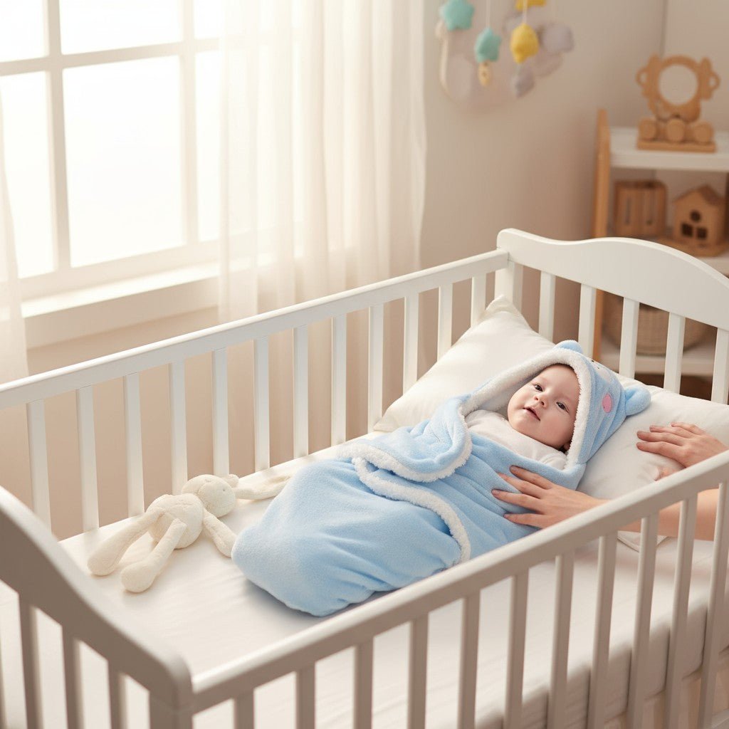 Bébé éveillé dans un nid d’ange ourson bleu polaire, mobile suspendu au-dessus du lit – Spot Bébé