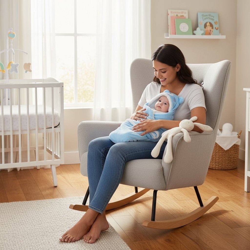 Maman berce bébé dans un fauteuil à bascule, bébé enveloppé dans nid d’ange ourson bleu polaire – Spot Bébé