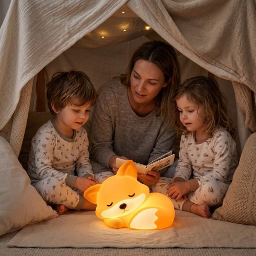 Une maman lit une histoire à deux enfants près de la petite veilleuse bébé