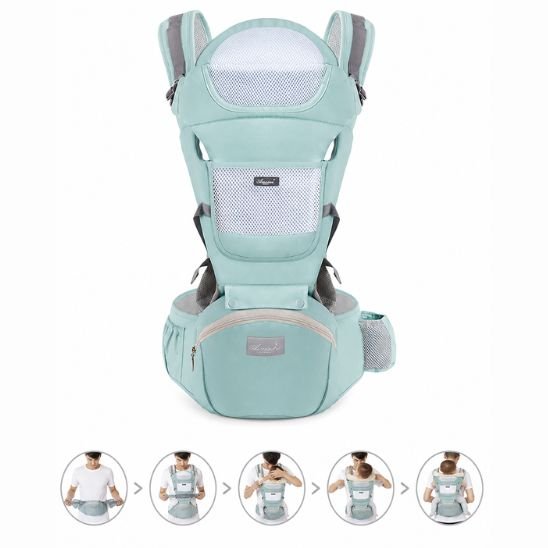 Porte bébé physiologique 6 en 1 vert menthe avec guide d'installation en 5 étapes