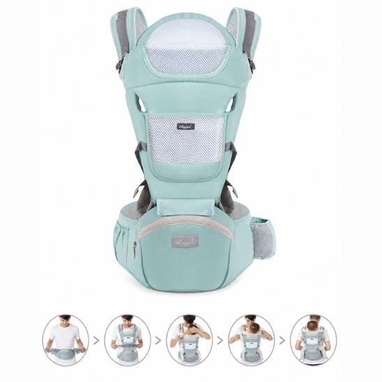 Porte bébé physiologique 6 en 1 vert menthe avec guide d'installation en 5 étapes
