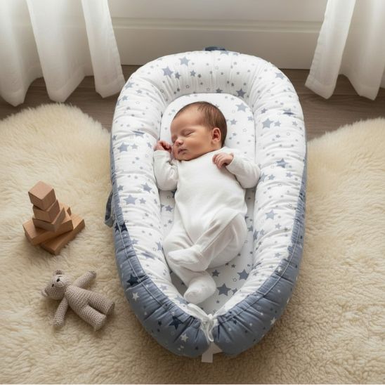 Réducteur de lit bébé nouveau-né endormi coloris bleu étoiles