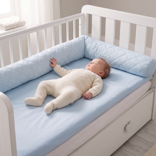 Bébé endormi dans un lit à barreaux blanc bordé du tour de lit bleu ciel