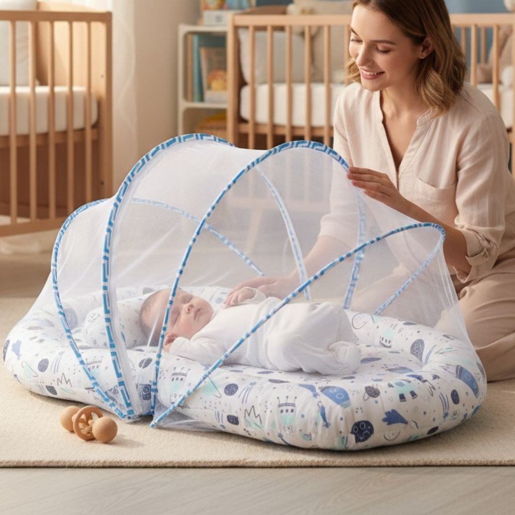 Matelas bébé respirant dans réducteur de lit portable, ambiance chambre scandinave