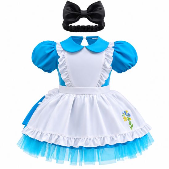Robe pour bébé bleu et blanc avec jupe en tulle et bandeau noir