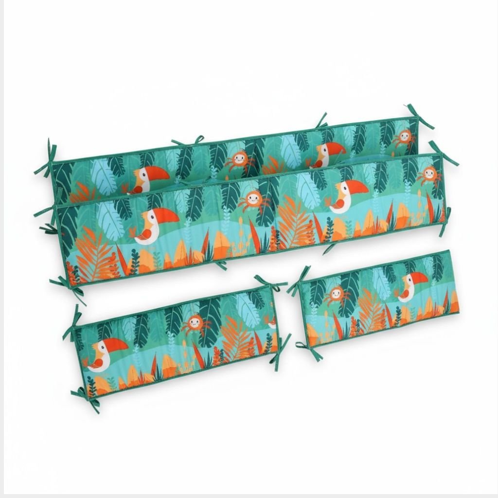 Tour de lit bébé jungle – Feuillage vert et animaux tendres