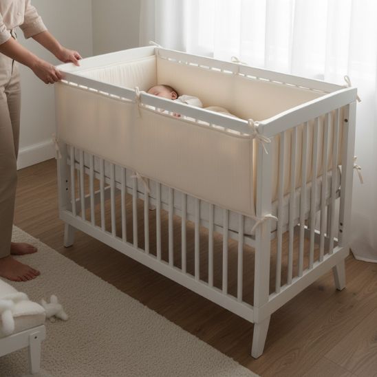 Tour de lit bébé beige rembourré pour confort et sécurité du nourrisson