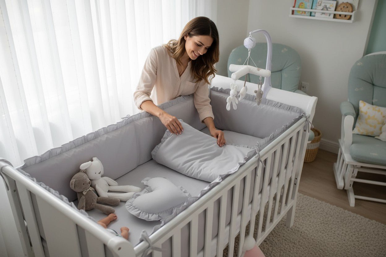 Ensemble tour de lit bébé complet 5 pièces gris – installation simple et rangement compact