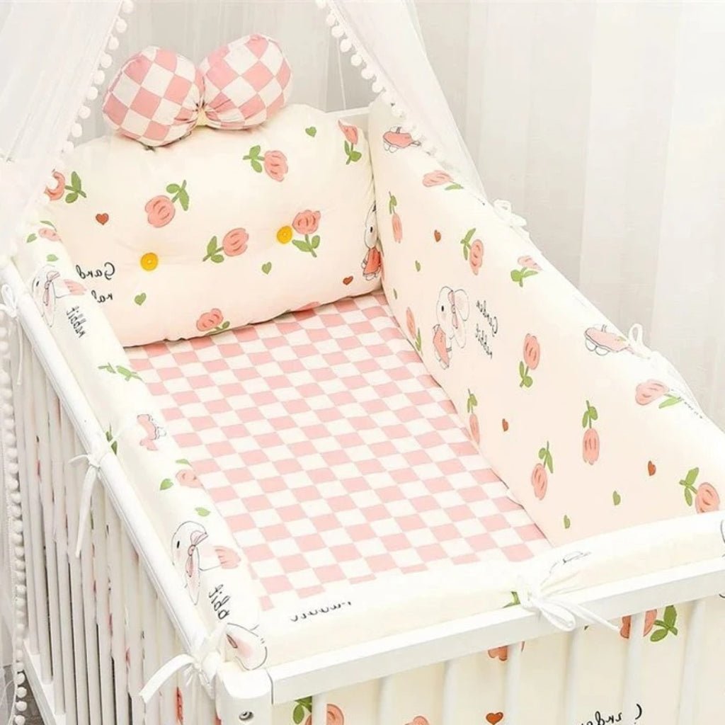 Tour de lit bébé – Éléphant & Fleurs Roses – Protection douce 5 pièces - Spot Bébé
