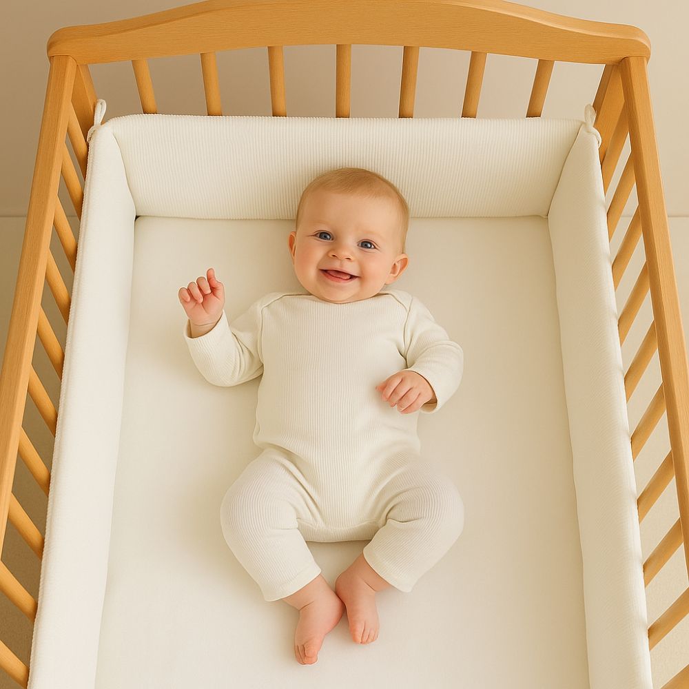 Bébé allongé dans un berceau équipé d’un tour de lit écru en velours côtelé