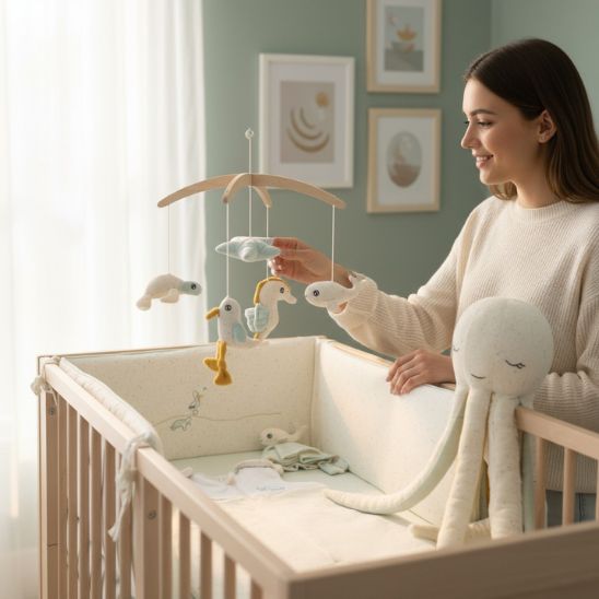 Tour de lit bébé réversible vert d’eau et beige, déco scandinave et apaisante