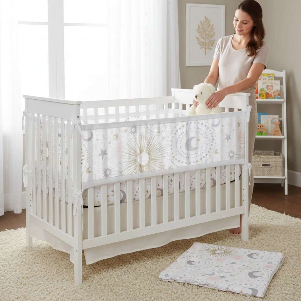 Tour de lit respirant blanc motif céleste, circulation d’air optimale.